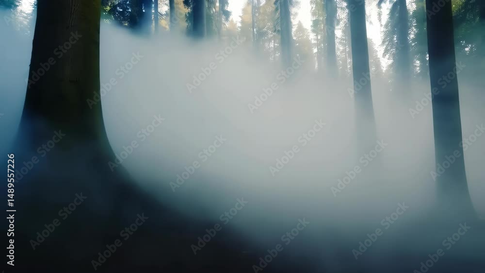 Poster ethereal forest scene with towering trees shrouded in dense, swirling fog creating a mystical and dr