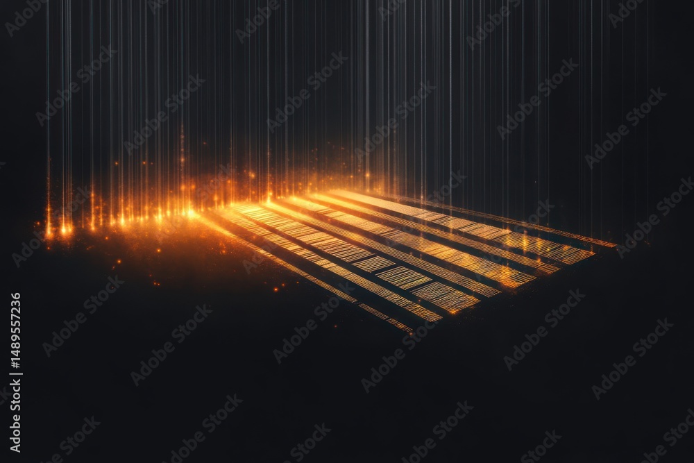 Poster glowing golden barcode illuminated in dark space with vertical light beams and sparkling particles s