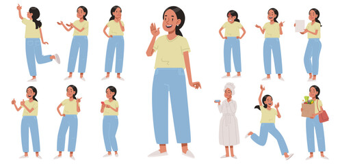 Plakat Set of young cheerful asian woman character in various poses and actions on white background. Vector illustration