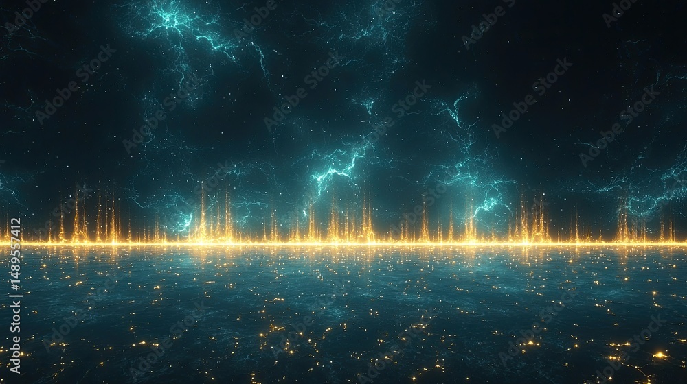 Poster capture an ethereal gathering bathed in shimmering aqua light, with stormy flashes adding depth, sho