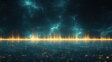 Capture an ethereal gathering bathed in shimmering aqua light, with stormy flashes adding depth, Show connections and interactions through a unique through-the-object perspective.