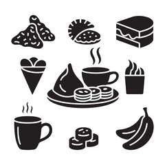 A set of simple, black and white icons depicting popular Indonesian snacks and beverages on white