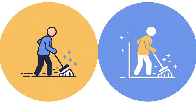Cleaning Service Icons: Sweeping Action in Circular Design