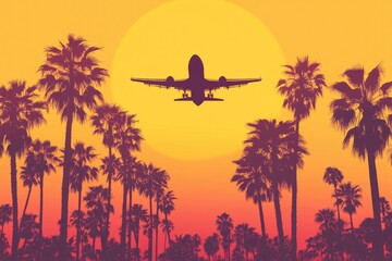 Airplane taking off over palm trees at sunset.  Warm colors, silhouette style