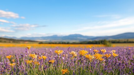 Fototapeta premium Capture the vibrant spirit of a meetup in nature, showcasing blooming flowers in radiant tones and soft lavender hues under crisp sunlight from a first-person perspective.