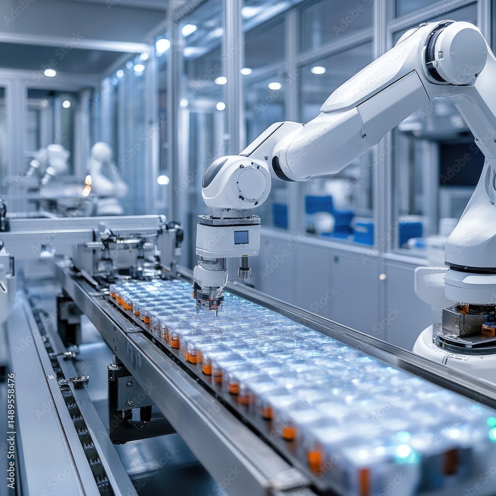 Poster clean industrial setting with robotic arms moving in synchrony during production shift.