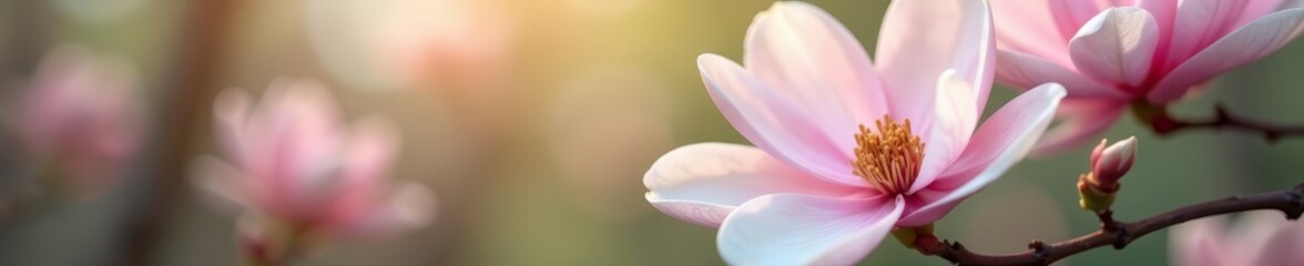 Fototapeta premium - Macro image of delicate magnolia flowers with soft focus background, seasonal, flora, botanical