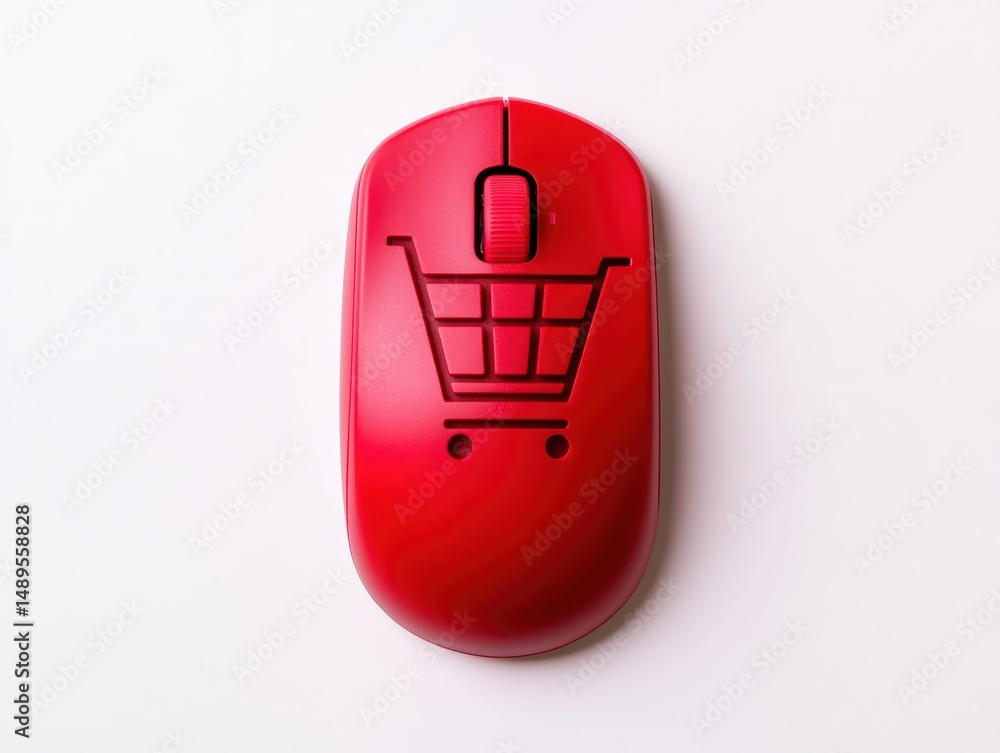 Poster red computer mouse with shopping cart symbol for e-commerce concepts