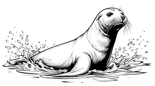 Sea lion emerging from water. Detailed graphic