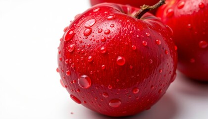 a vibrant red fruit with glistening water drops adorning its smooth skin, set against a pristine white backdrop, creating a visually striking contrast.