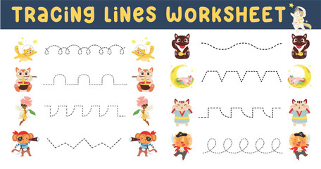 Tracing lines worksheet. Tracing practice for children. Educational worksheet for preschool.