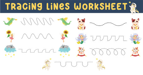 Tracing lines worksheet. Tracing practice for children. Educational worksheet for preschool.