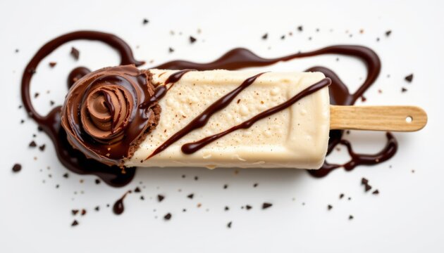 thick and creamy stick kulfa ice cream, topped with a generous swirl of velvety chocolate, accented by a drizzle of chocolate sauce, all set against a plain white backdrop.