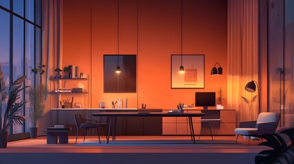 Modern, orange-toned interior design  space.