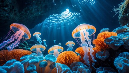 Obraz premium Jellyfish Floating Underwater with Sun Rays in Cave Setting