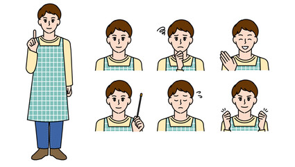 制服姿の男性保育士のイラスト素材セットA（全身・バストアップ／感情豊かな表情＆ポーズ）