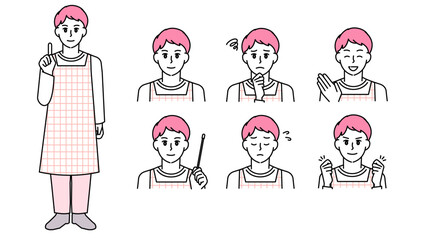 制服姿の男性保育士のイラスト素材セットA（全身・バストアップ／感情豊かな表情＆ポーズ）