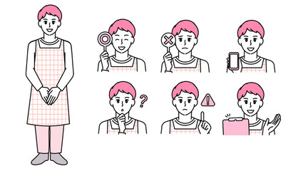 制服姿の男性保育士のイラスト素材セットB（全身・バストアップ／感情豊かな表情＆ポーズ）