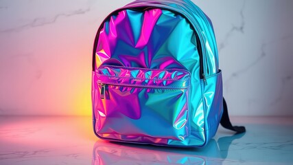 Fototapeta premium Vibrant iridescent backpack with a front zippered pocket, stylish accessory for teens and young adults