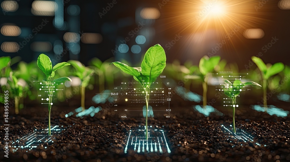Poster create a radiant smart farming scene with iot devices and data visualization, show crop growth data 