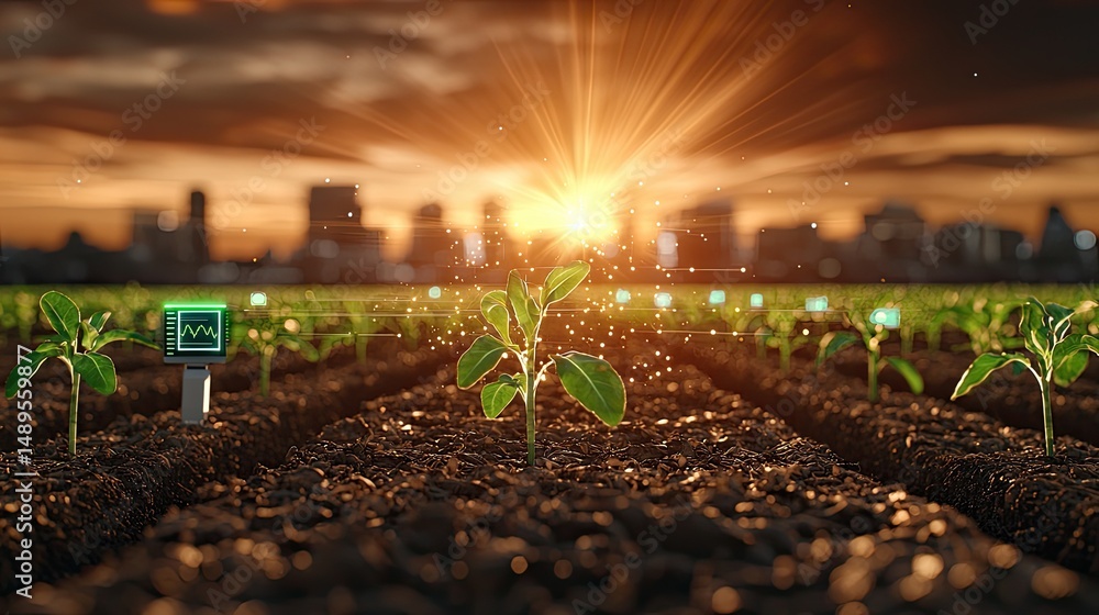 Poster create a radiant smart farming scene with iot devices and data visualization, show crop growth data 