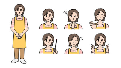 制服姿の女性保育士のイラスト素材セットA（全身・バストアップ／感情豊かな表情＆ポーズ）