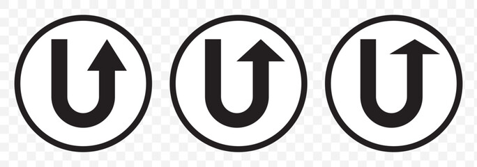 U turn, This Way, One Way, Only U Turn Black Arrow Sign Direction Icon Set. U turn sign vector art. Vector Illustration. U turn arrow symbol icon set on Transparent Background. EPS 10.
