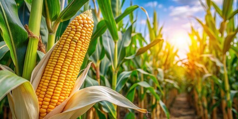 A mature corn plant with large, dense cob and extensive husk growth on a sunny farm field, corn cob