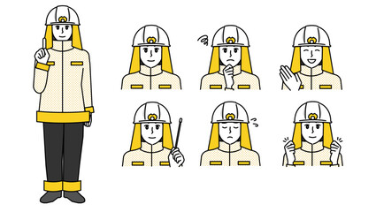 制服姿の男性消防官のイラスト素材セットA（全身・バストアップ／感情豊かな表情＆ポーズ）