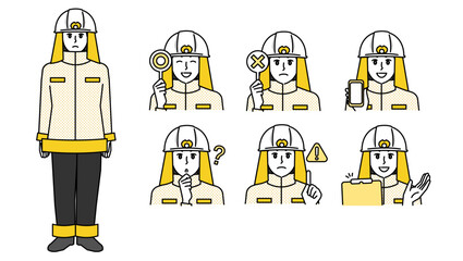 制服姿の男性消防官のイラスト素材セットB（全身・バストアップ／感情豊かな表情＆ポーズ）