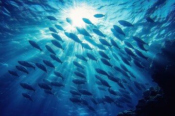 Sunlight filtering through clear ocean water illuminating a large school of fish swimming above a coral reef
