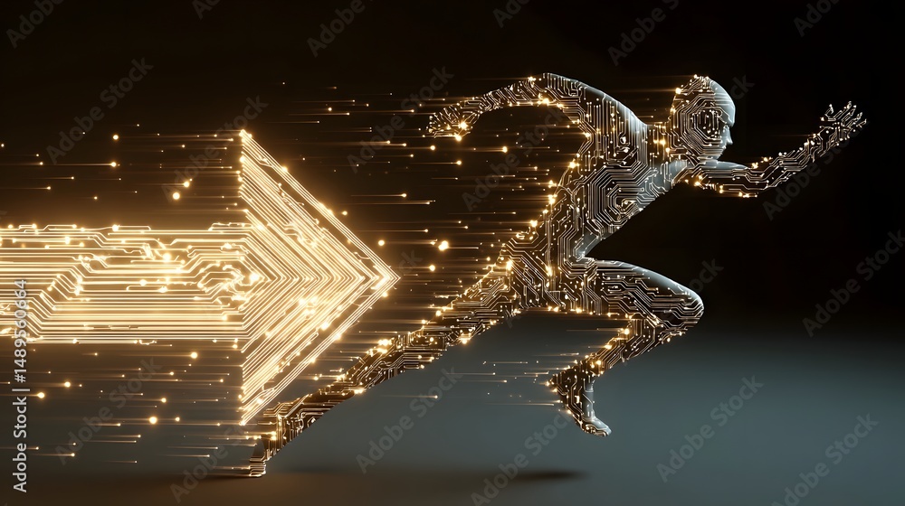 Poster a human figure sprinting toward a glowing arrow shaped path made of circuit patterns
