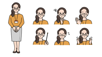 カジュアル姿のITエンジニアに務める女性イラスト素材セットB（全身・バストアップ／感情豊かな表情＆ポーズ）