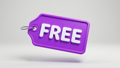 a vibrant, cartoonish 3d rendering of a violet price tag label with a "free" text overlay floats invitingly against a stark white background, exuding an aura of bargain and opportunity.