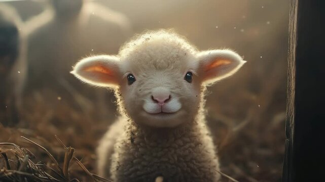 Fluffy lamb looking sweetly ahead in warm light with cozy wool and soft expression. 