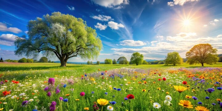 Sunny spring meadow with a vibrant array of wildflowers and trees against a soft blue sky and green grassy field