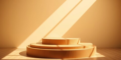 Obraz premium Round wooden podium on beige background, sunlit minimalism, background, shadow