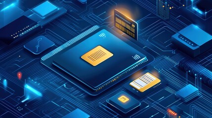 Futuristic abstract illustration of digital circuit board with processor and data flow