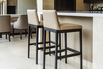 Interior bar stools with light beige upholstery.