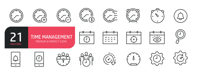 Set of line icons related to schedule, deadline, urgency, clock, calendar. Outline icons collection. Editable stroke. Vector illustration stock illustration