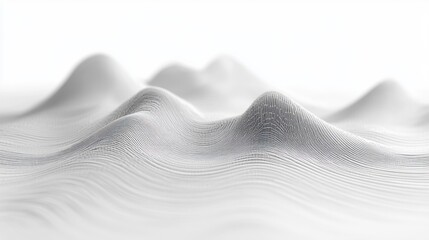 Abstract white digital waves forming soft mountain-like shapes with fine linear texture and smooth curves conveying a futuristic and minimalistic landscape
