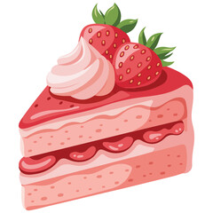 Delicious strawberry cake slice with fruit topping isolated vector illustration on white background
