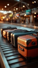 Elegant travel luggage on airport baggage claim carousel with orange hardshell suitcase in foreground and blurred terminal lights in background at evening departure area