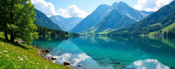 Scenic view of Laudachsee lake with Grünberg mountain on a sunny day, nature, travel, tranquil