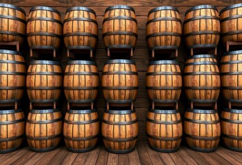 Seamless brown background featuring numerous stacked wooden drink barrels, ample empty space, rustic background, keg