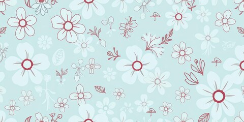 Fototapeta premium Seamless light blue-green floral doodle pattern, abstract flower illustrations, vector texture, summer, spring