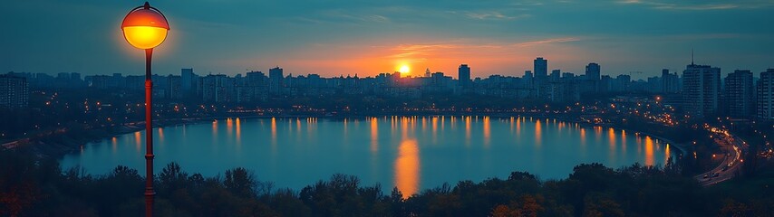 Fototapeta premium City Sunset over Lake