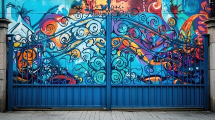 Bright blue metal gate with artistic patterns, city mural in background