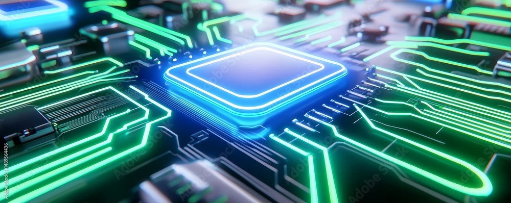 Poster futuristic close-up of a glowing microprocessor on a circuit board.