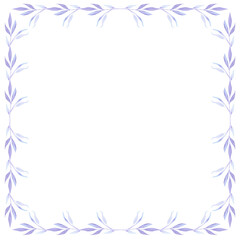 Frame square of simple plants, flowers in blue tones with watercolors